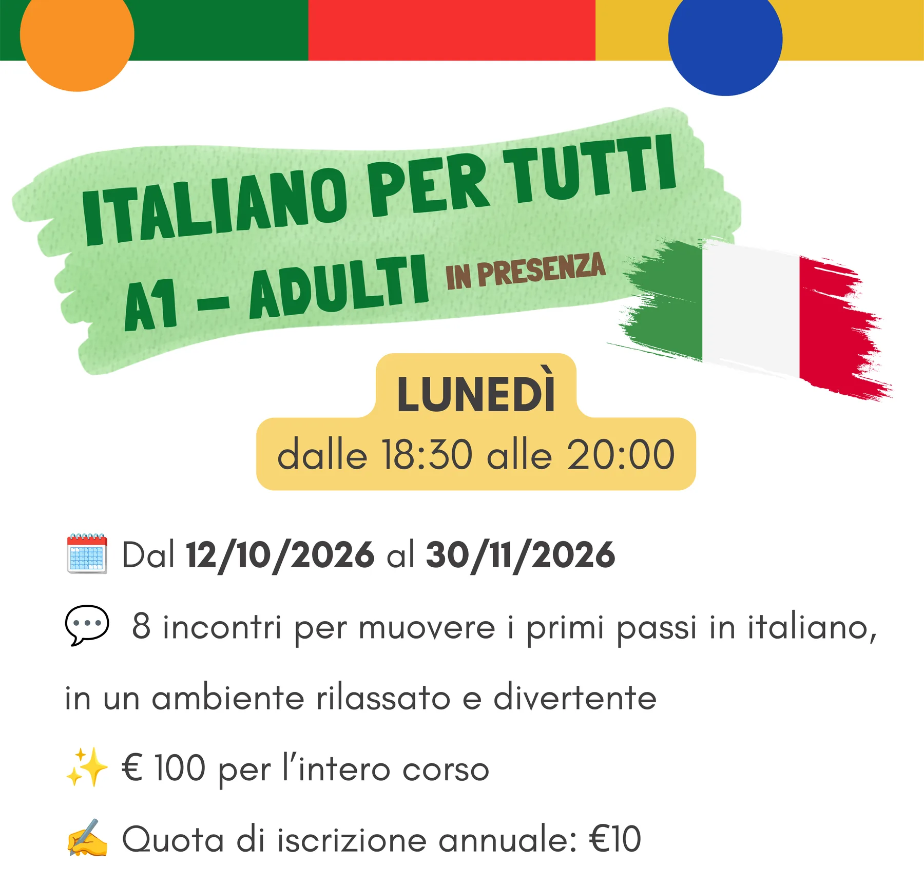 Corso Italiano per tutti A1 in presenza a Treviglio